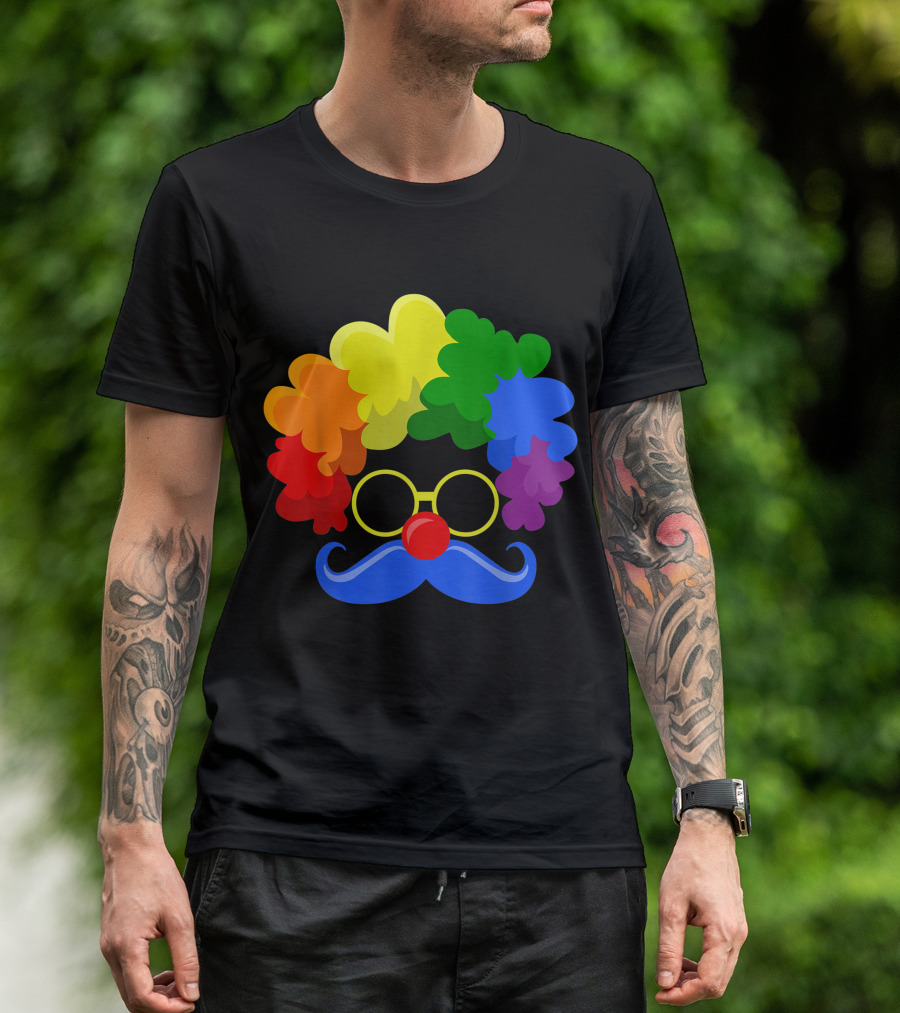 Halloween Clown Face Colorful Wig Moustache Glasses Nose T-Shirt