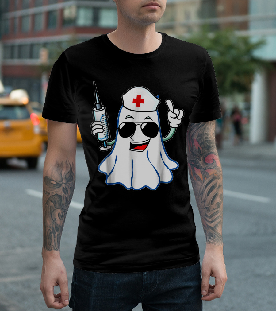 Nurse Ghost Halloween Emoji with Sunglasses and Syringe T-Shirt