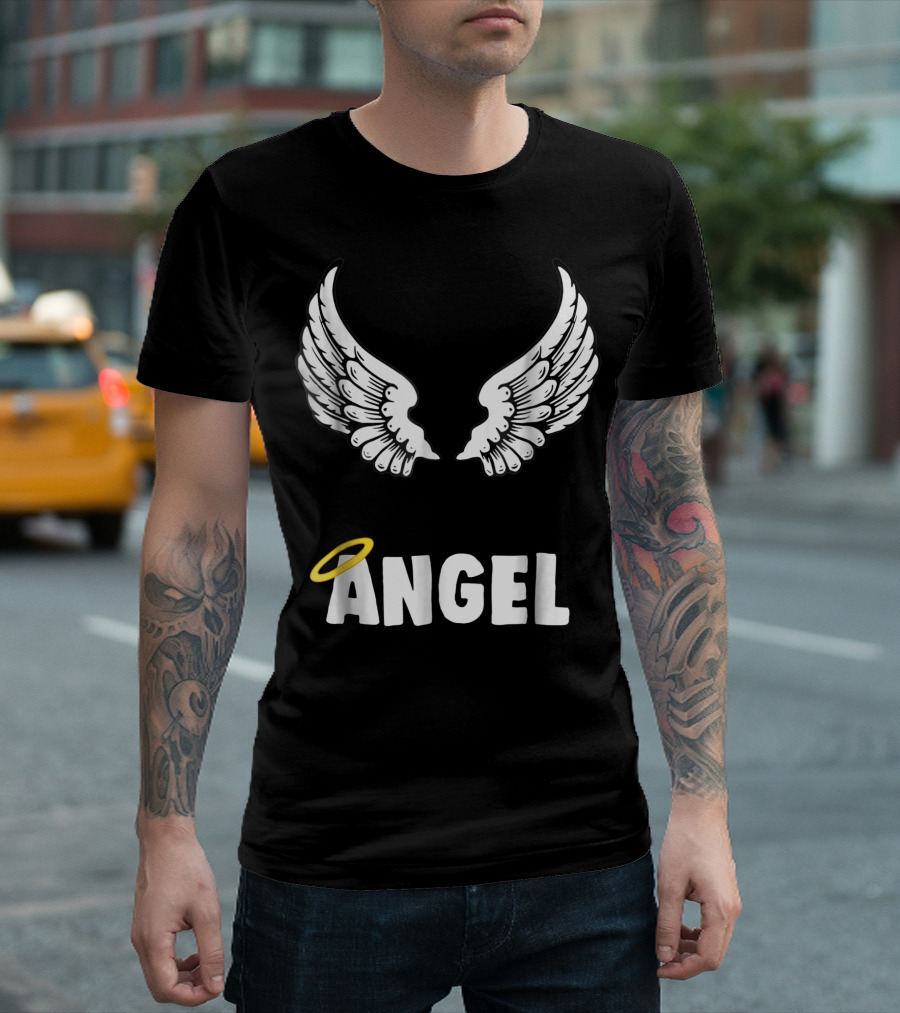 Couple Matching Halloween Costumes Angel Wing Design with Halo T-Shirt