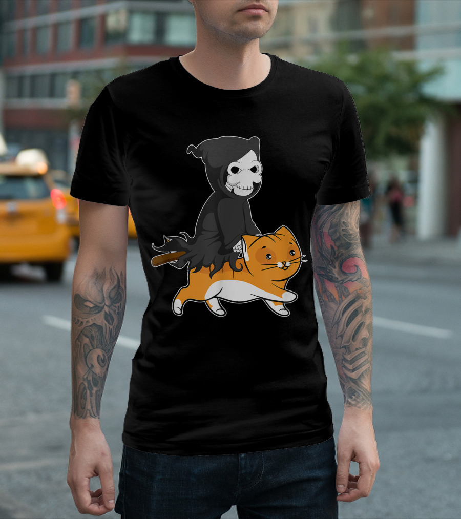 Grim Reaper Cute Cat Ride Comical Dark Humor T-Shirt
