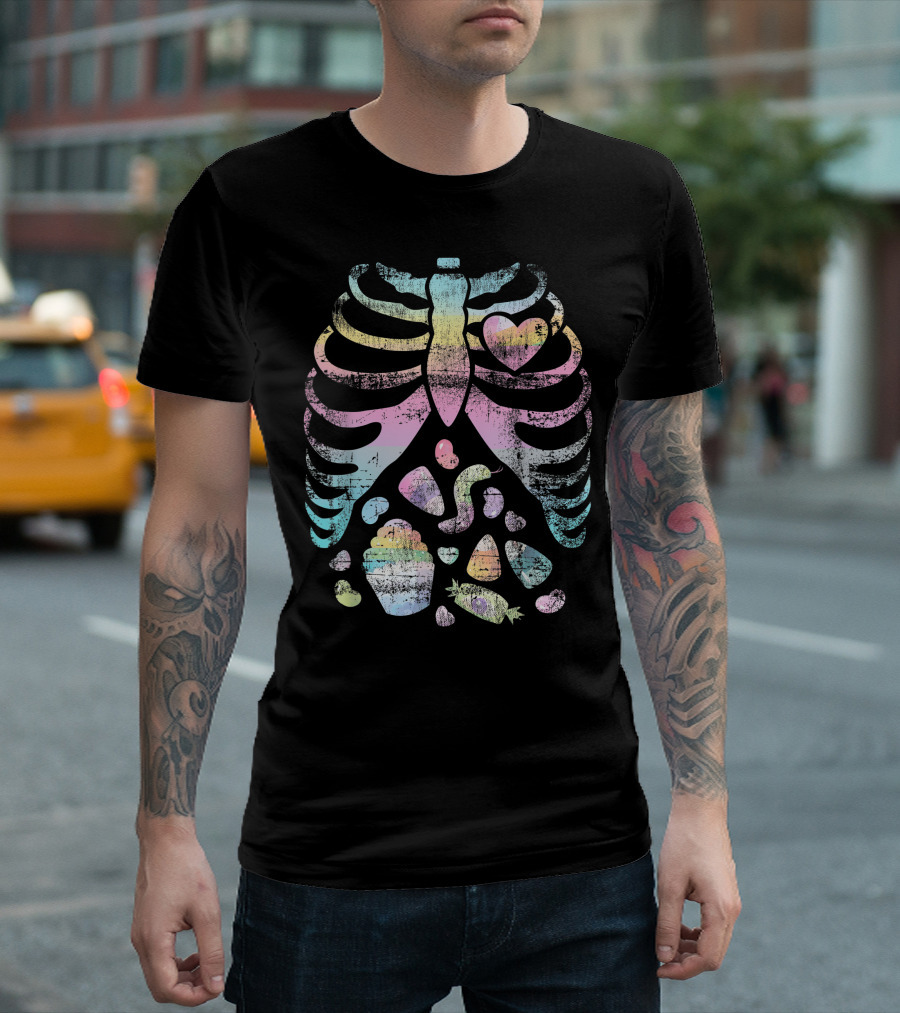 Pastel Goth Skeleton Heart Cupcake Worm Halloween Rainbow T-Shirt