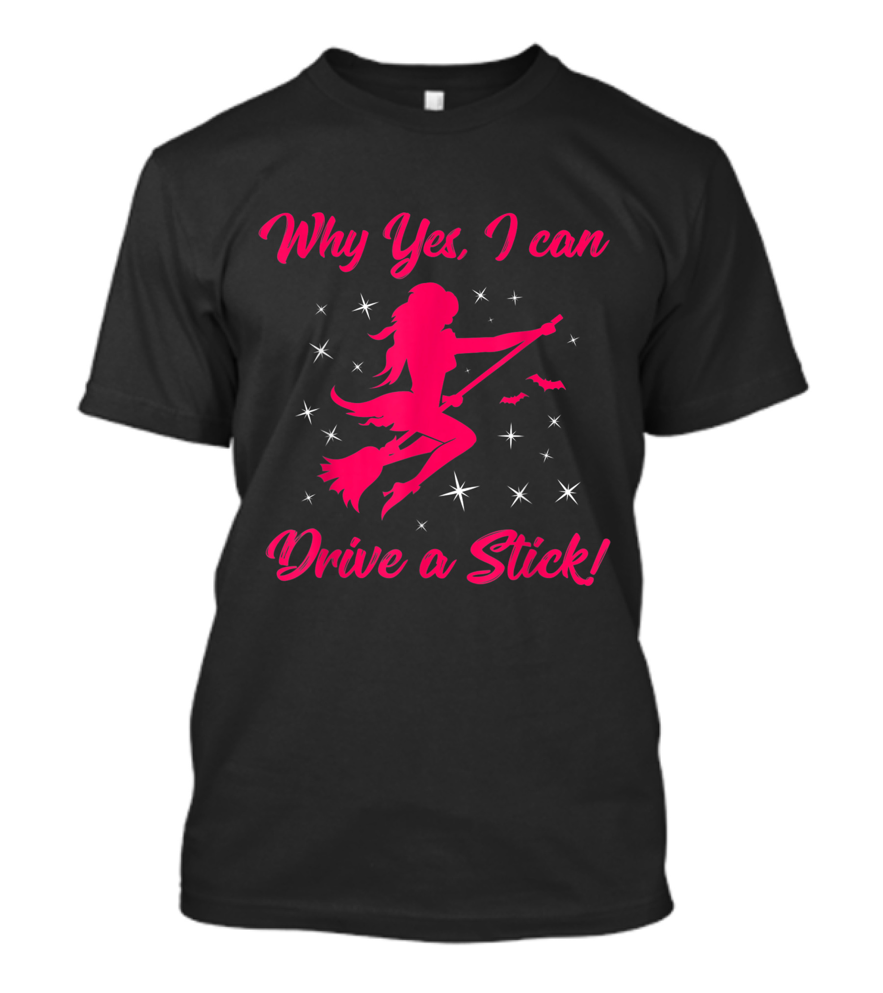 Why Yes I Can Drive A Stick Halloween Witch Silhouette With Stars And Bats T-Shirt