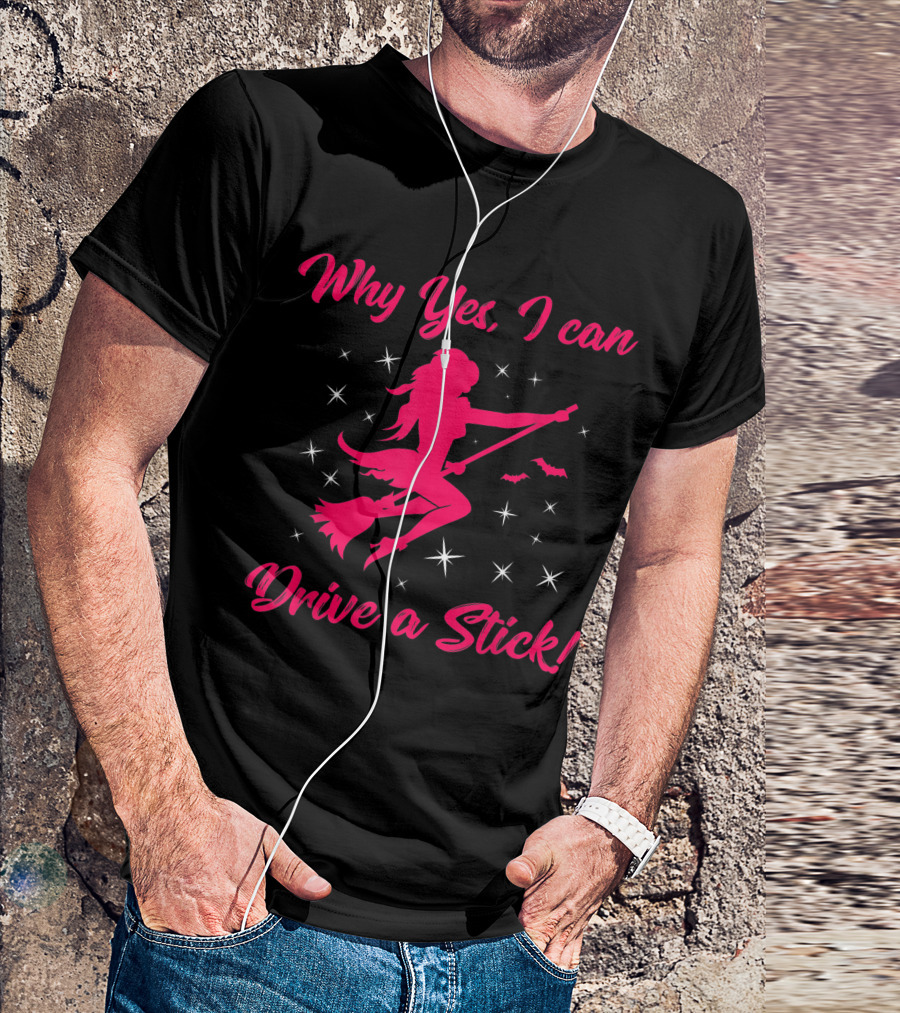 Why Yes I Can Drive A Stick Halloween Witch Silhouette With Stars And Bats T-Shirt