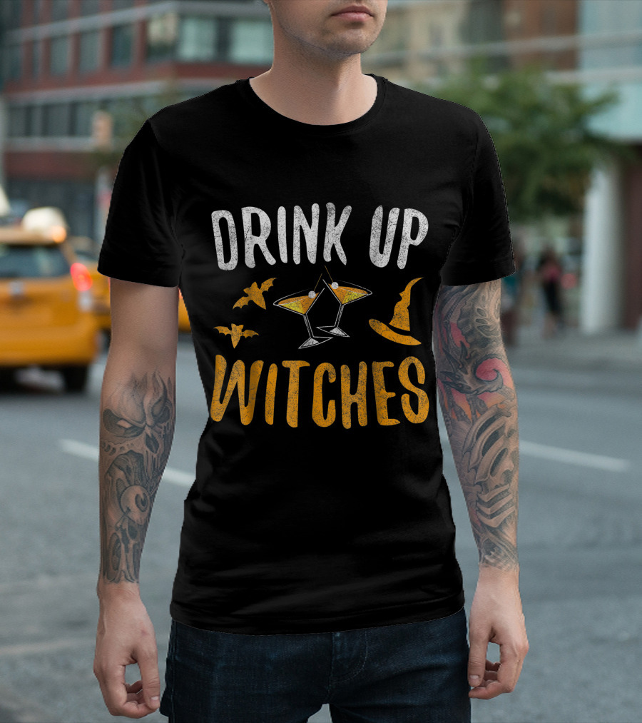 Drink Up Witches Bats Martini Glasses Hat T-Shirt