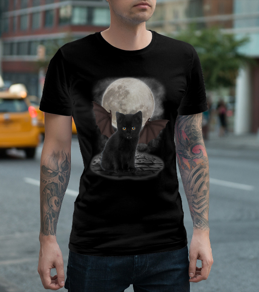 Gothic Vampire Bat Cat Under Full Moon For Funny Cats Lover T-Shirt