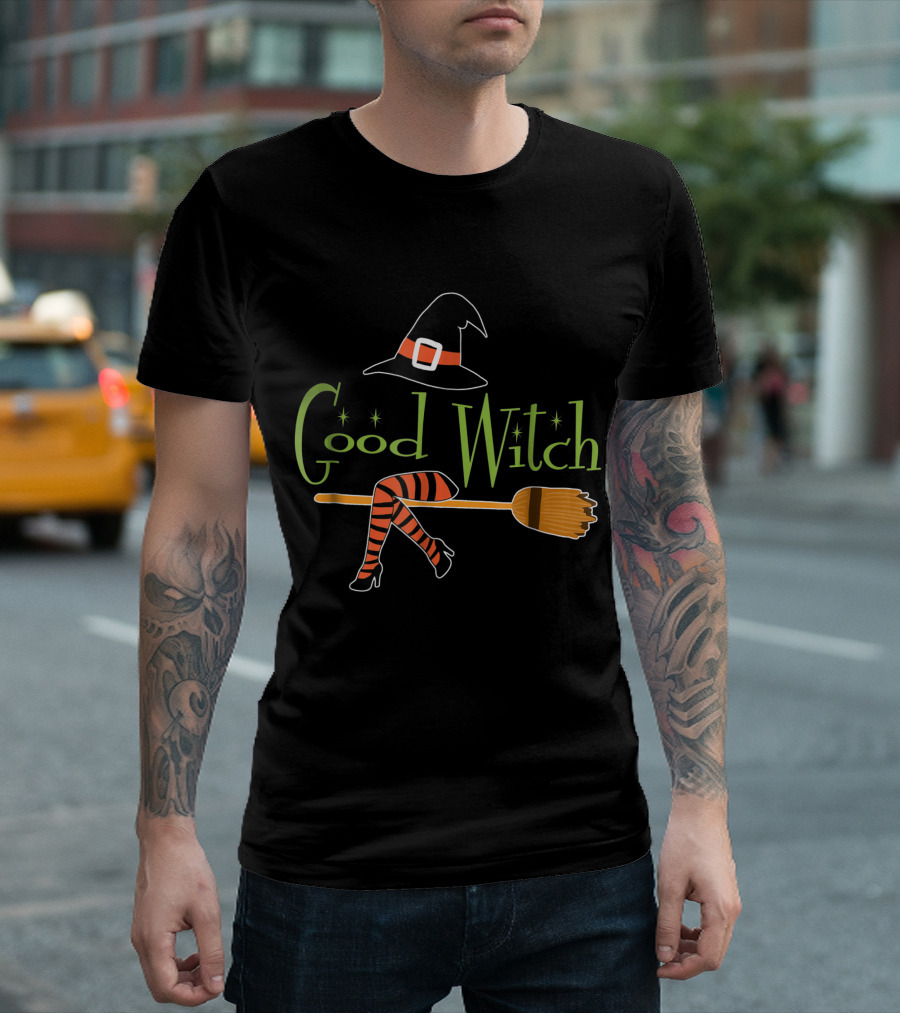 Good Witch Halloween Hat and Striped Legs on Broomstick T-Shirt