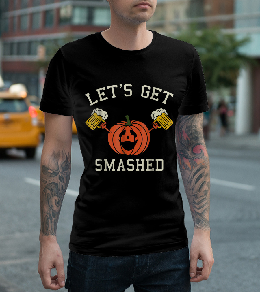 Let's Get Smashed Halloween Drinking Pumpkin with Beer Mugs T-Shirt