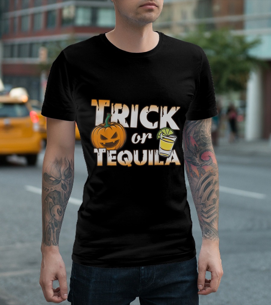Trick Or Tequila Halloween Pumpkin With Shot Glass T-Shirt
