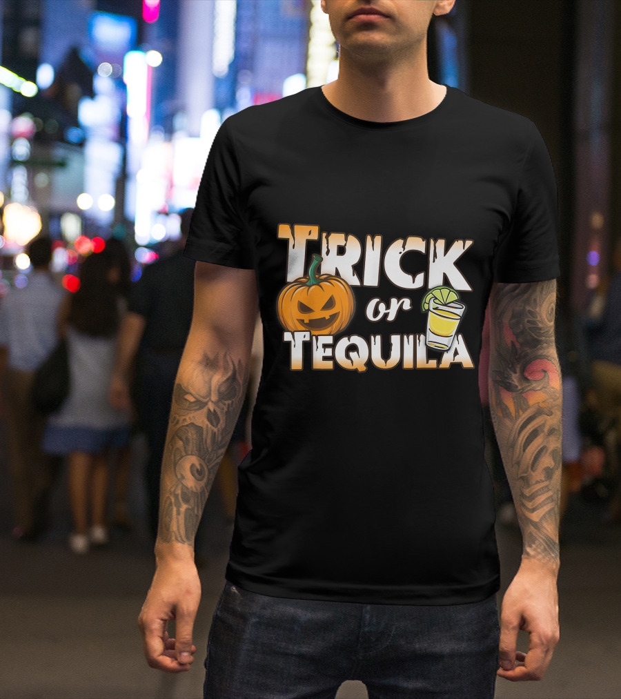 Trick Or Tequila Halloween Pumpkin With Shot Glass T-Shirt
