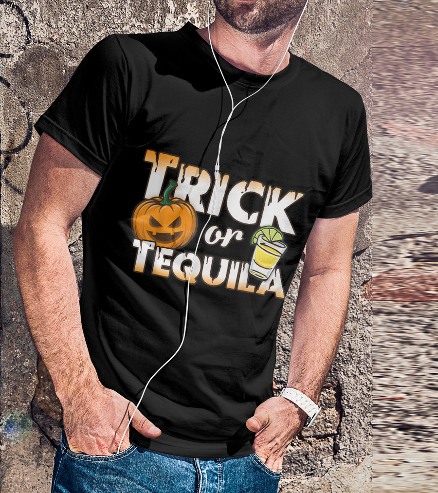 Trick Or Tequila Halloween Pumpkin With Shot Glass T-Shirt