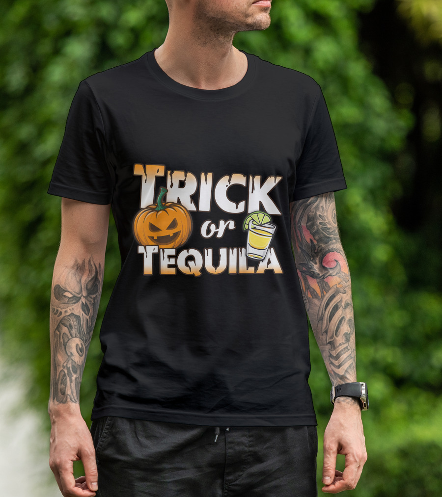 Trick Or Tequila Halloween Pumpkin With Shot Glass T-Shirt