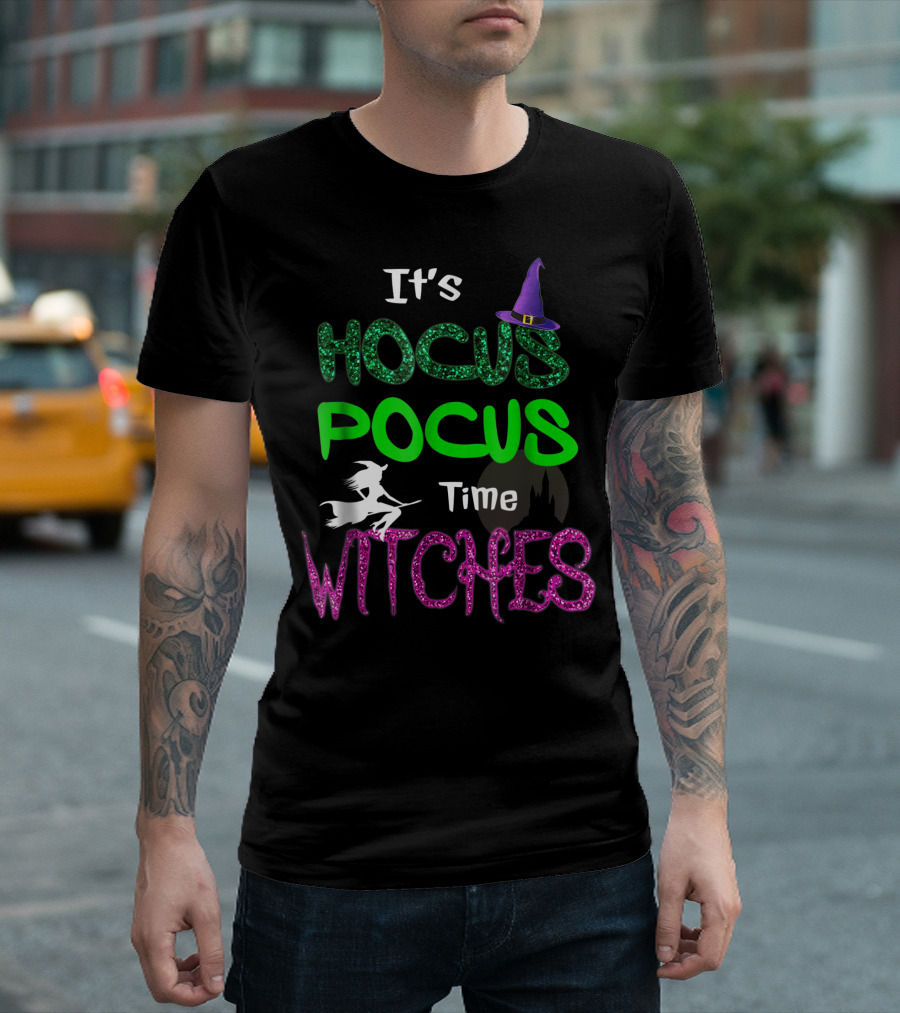 It's Hocus Pocus Time Witches Hat Flying Broomstick T-Shirt