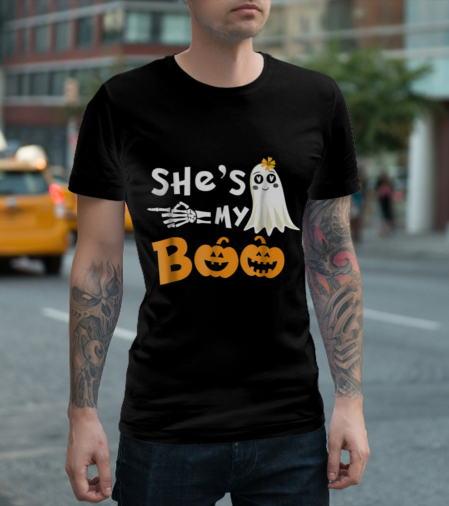 She's My Boo with Skeleton Hand Ghost and Pumpkin Faces T-Shirt