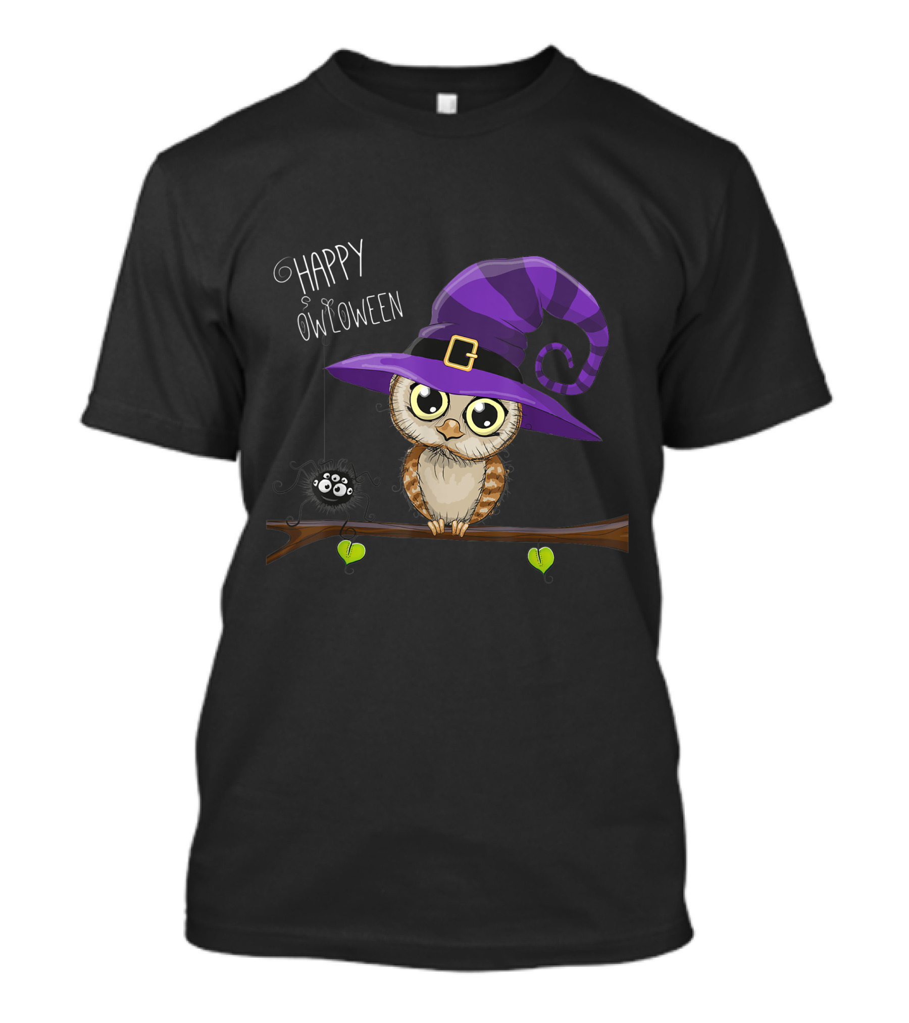 Happy Owloween Halloween Owl With Witch Hat And Spider On Branch T-Shirt