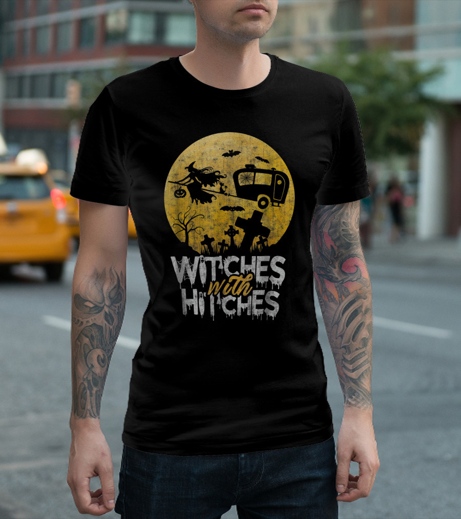 Witches With Hitches Halloween Camping Scene Moon Graveyard Bats T-Shirt