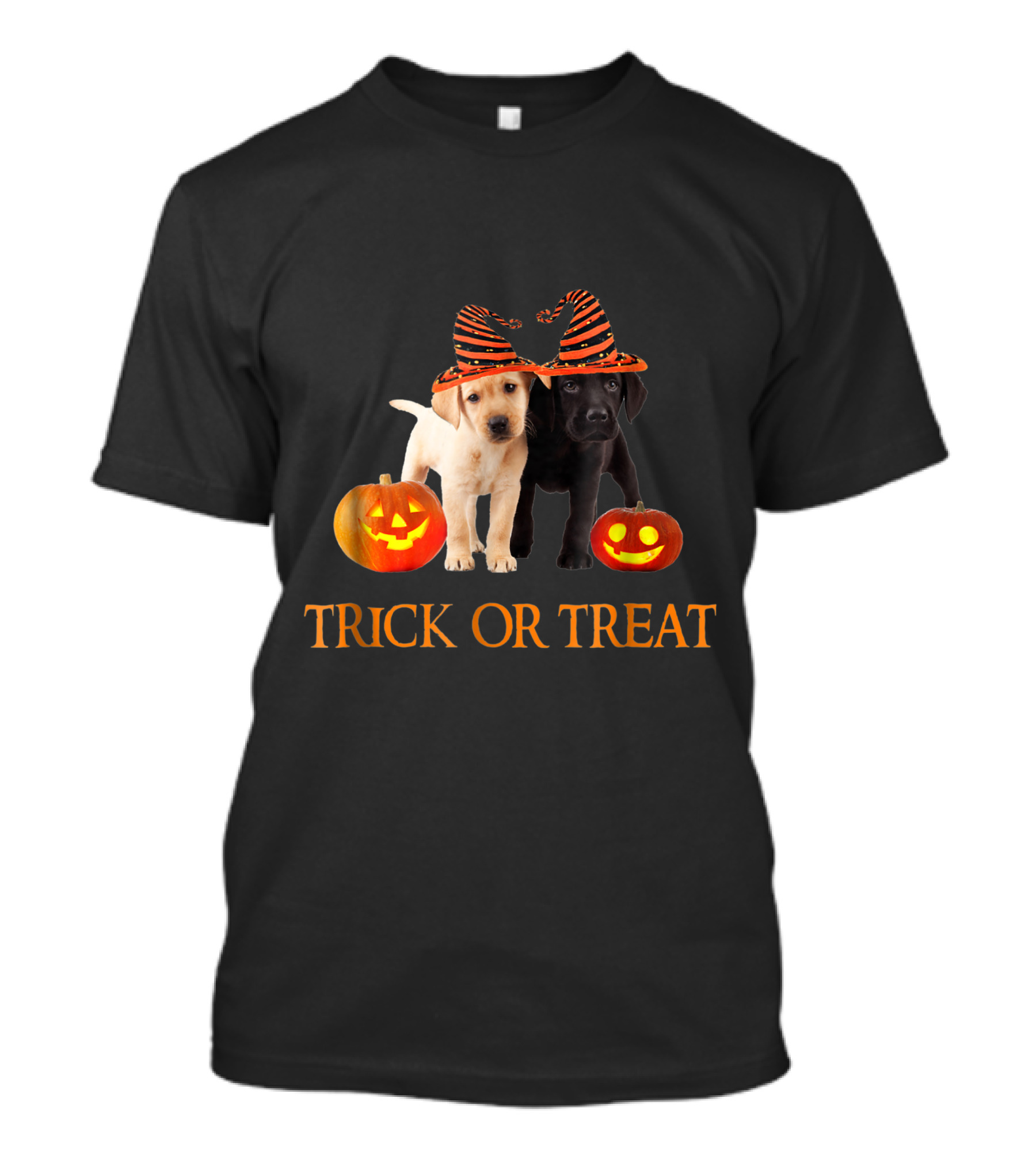 Trick Or Treat Chocolate Yellow Lab Puppies With Pumpkin Hats Halloween T-Shirt