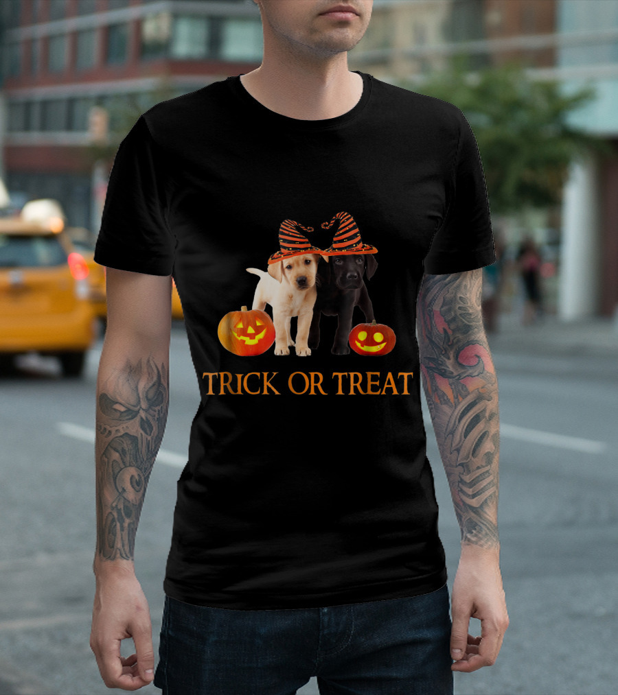Trick Or Treat Chocolate Yellow Lab Puppies With Pumpkin Hats Halloween T-Shirt