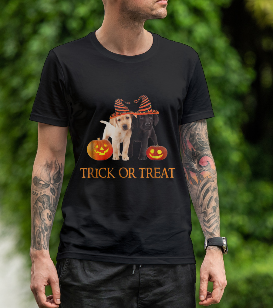 Trick Or Treat Chocolate Yellow Lab Puppies With Pumpkin Hats Halloween T-Shirt