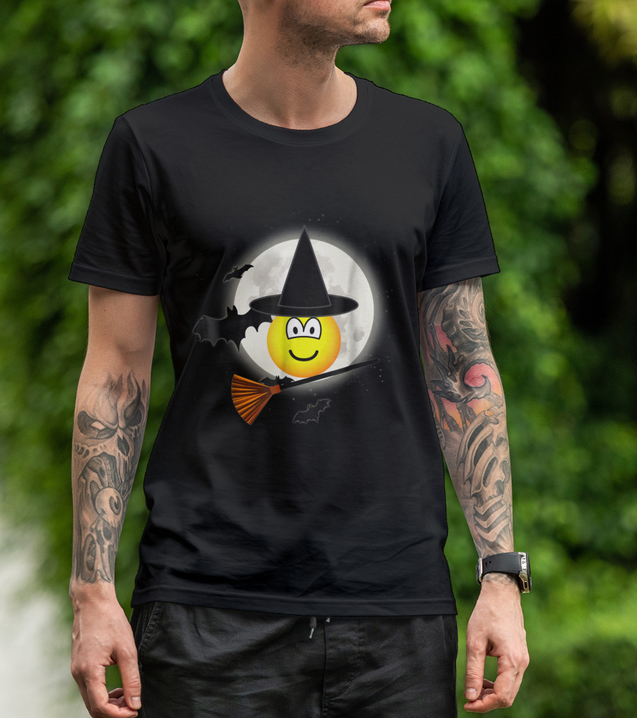 Witch Emoji Broomstick Full Moon Bat T-Shirt