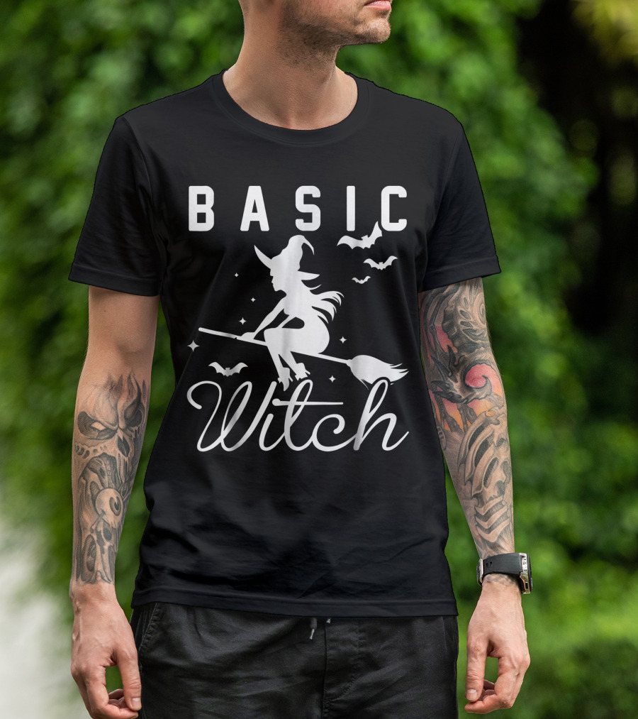 Basic Witch Flying With Bats And Stars T-Shirt