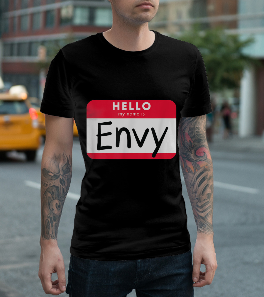 Hello My Name Is Envy Pun Couples Halloween Costume Green With Envy T-Shirt