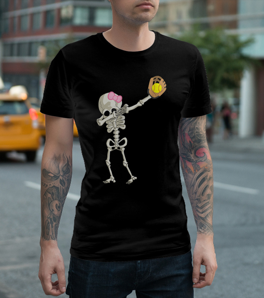 Bow Pink Halloween Skeleton Softball Dabbing Dance T-Shirt