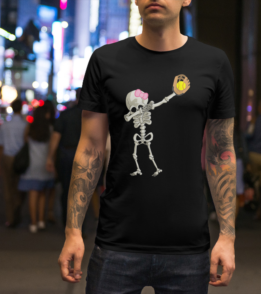 Bow Pink Halloween Skeleton Softball Dabbing Dance T-Shirt