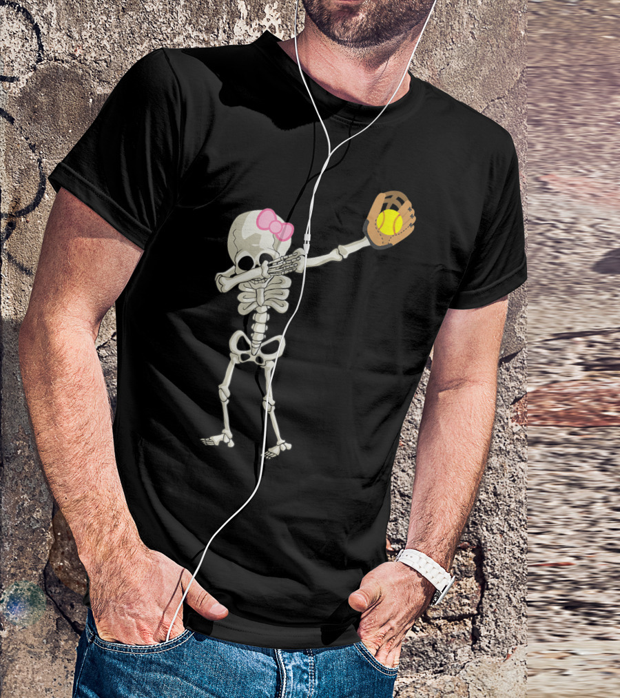 Bow Pink Halloween Skeleton Softball Dabbing Dance T-Shirt
