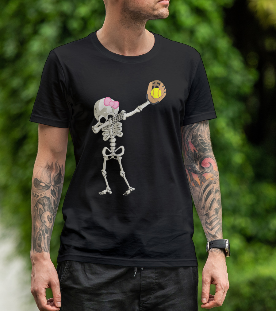 Bow Pink Halloween Skeleton Softball Dabbing Dance T-Shirt