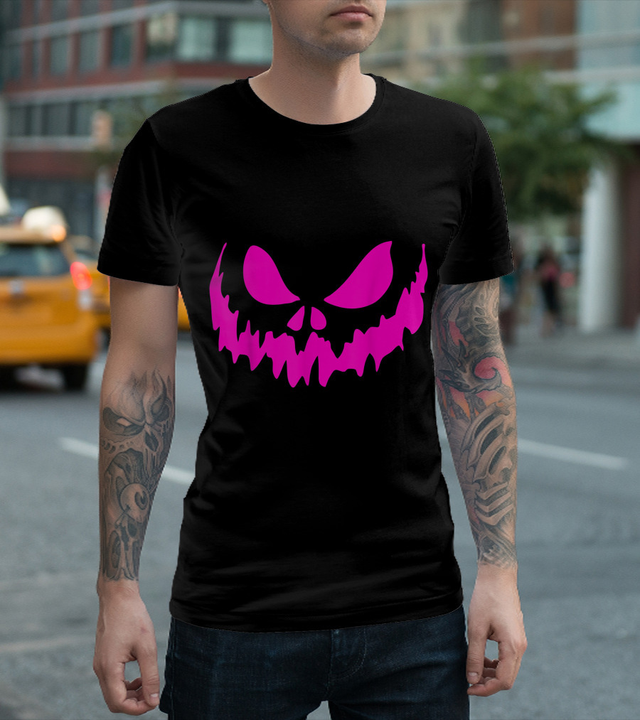 Scary Face Halloween Pink Creepy Grinning Jack-O'-Lantern T-Shirt