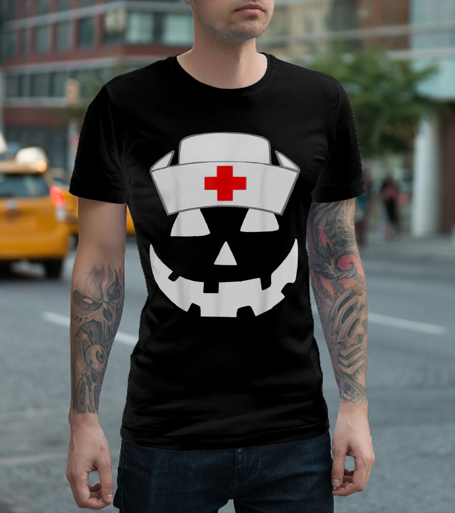 Halloween Pumpkin Nurse with Red Cross Hat T-Shirt