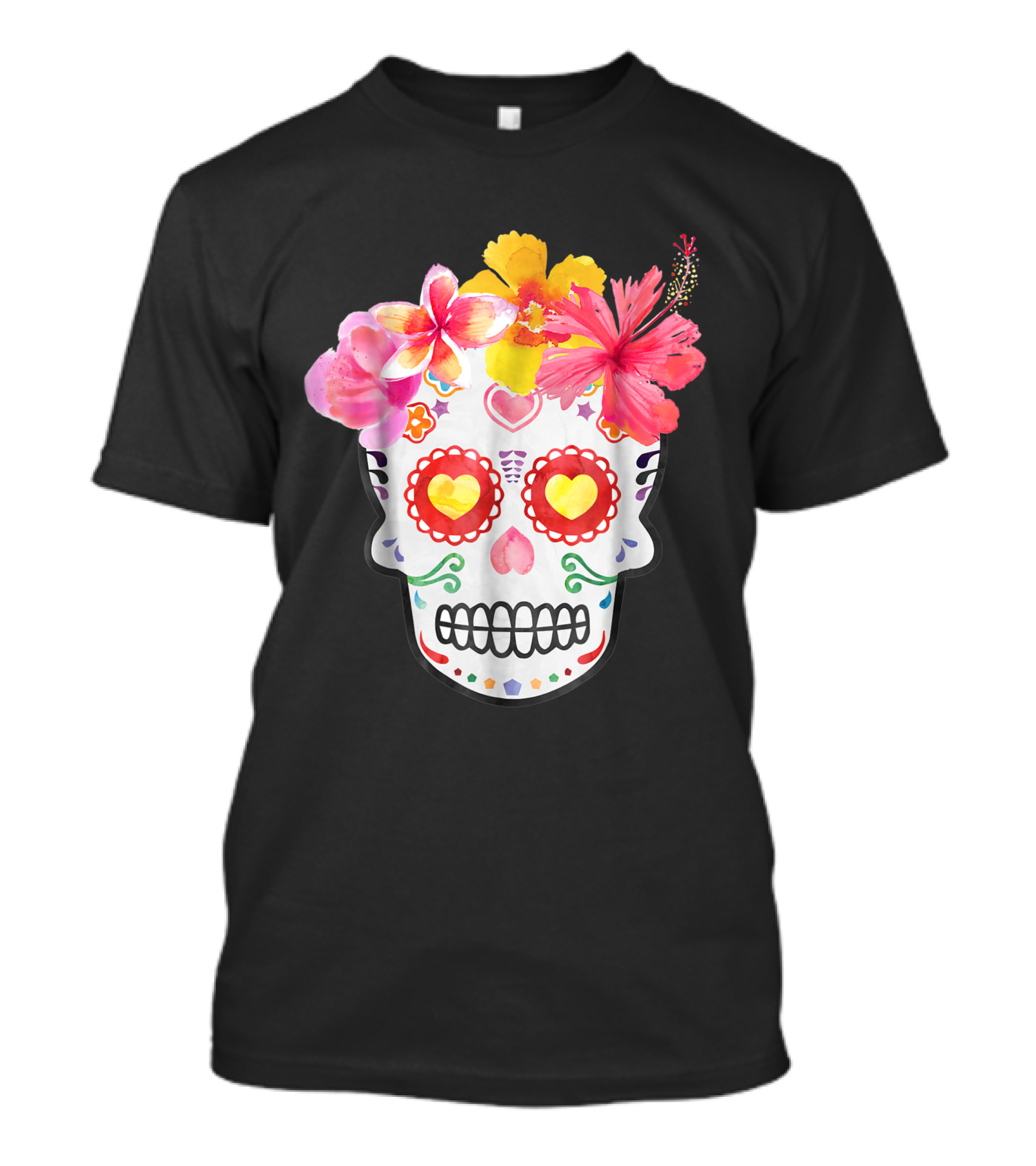 Hawaiian Dia De Las Muertos Sugar Skull With Colorful Flowers T-Shirt