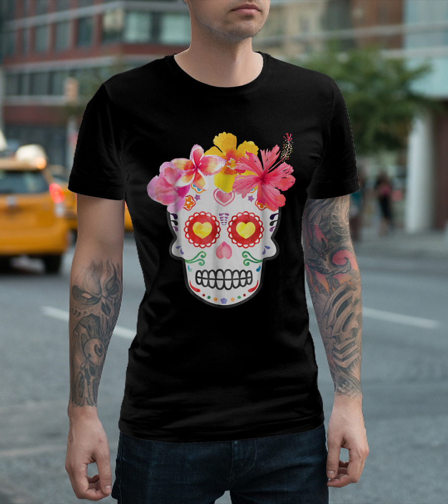 Hawaiian Dia De Las Muertos Sugar Skull With Colorful Flowers T-Shirt