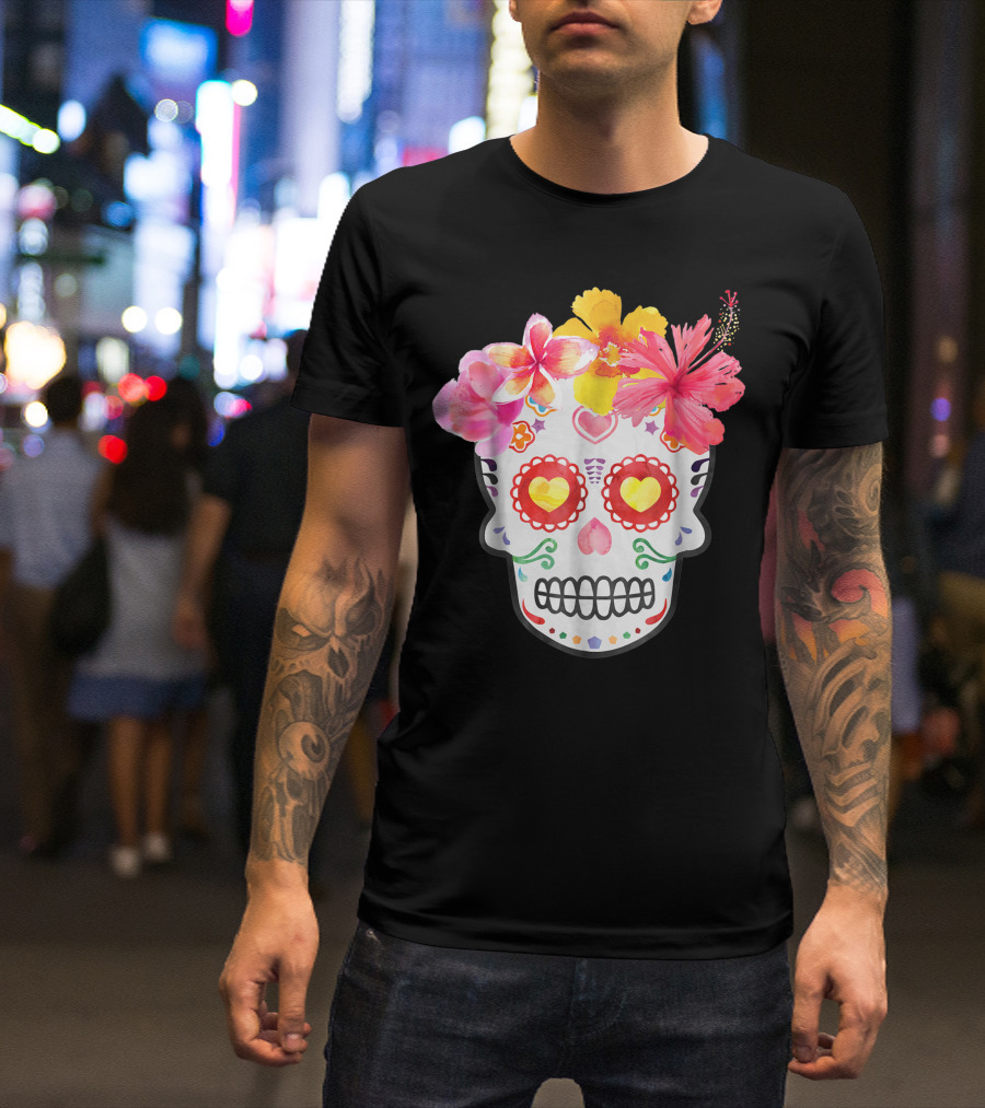 Hawaiian Dia De Las Muertos Sugar Skull With Colorful Flowers T-Shirt
