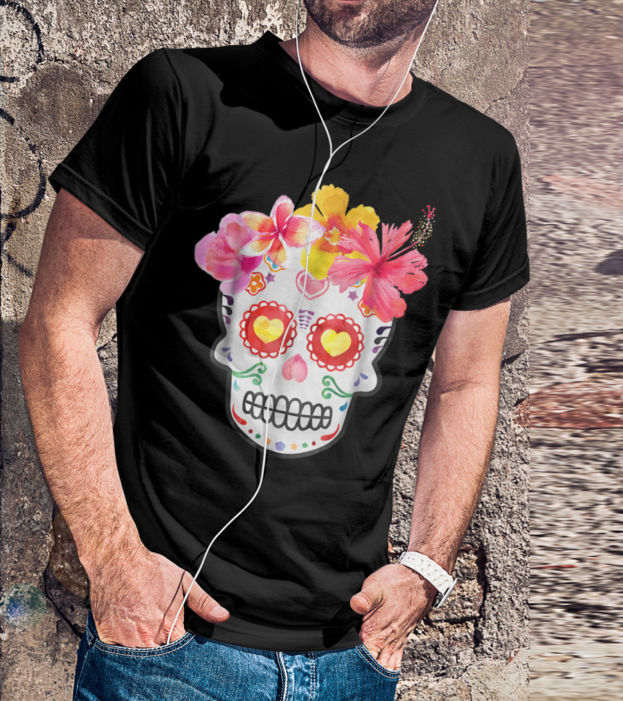 Hawaiian Dia De Las Muertos Sugar Skull With Colorful Flowers T-Shirt