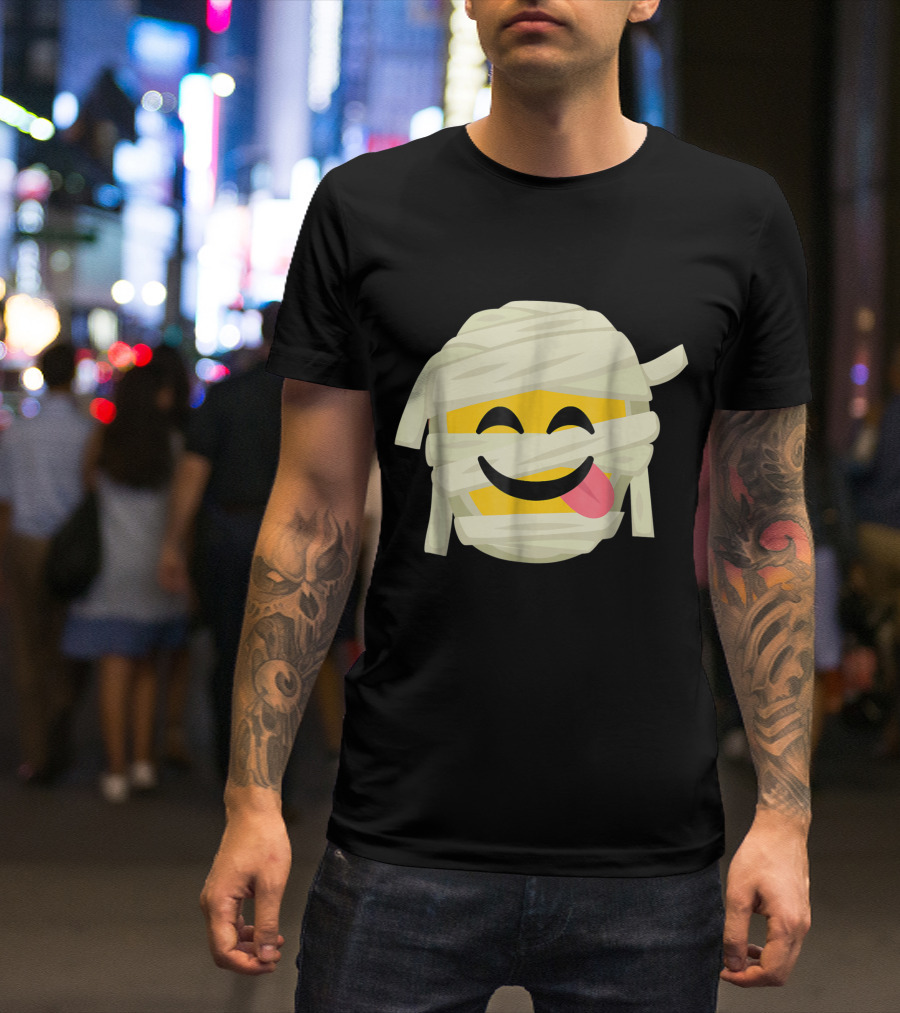 Mummy Emoji Tongue Out Wrapped In Bandages Halloween Face T-Shirt