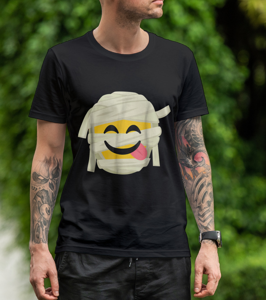 Mummy Emoji Tongue Out Wrapped In Bandages Halloween Face T-Shirt