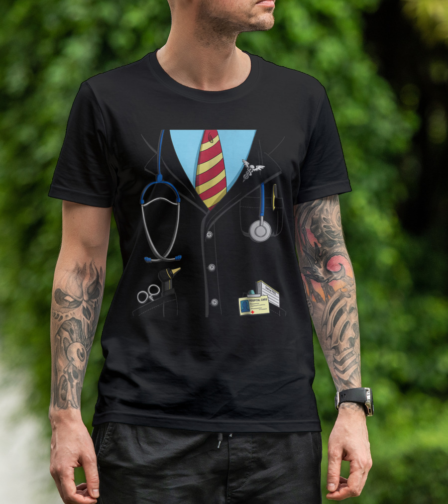 Funny Doctor Lab Coat Uniform With Stethoscope And Hospital Card T-Shirt