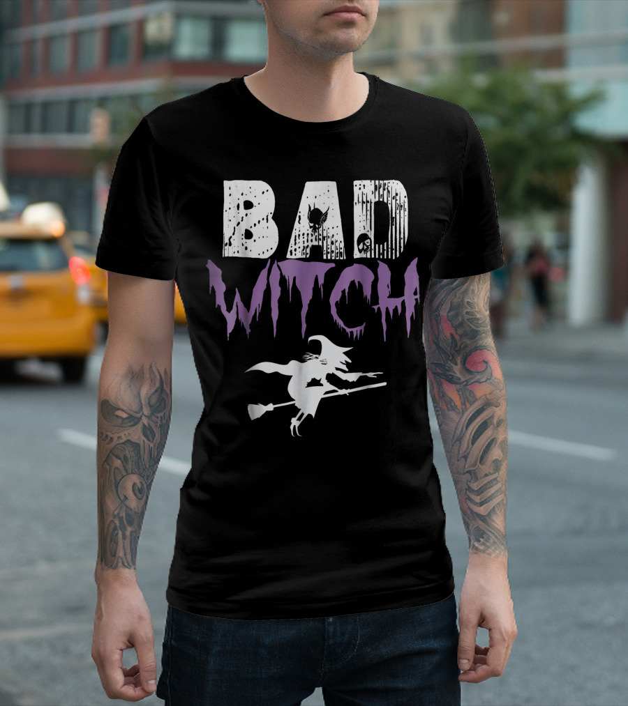 BAD WITCH Flying Broomstick Silhouette Spooky Halloween T-Shirt