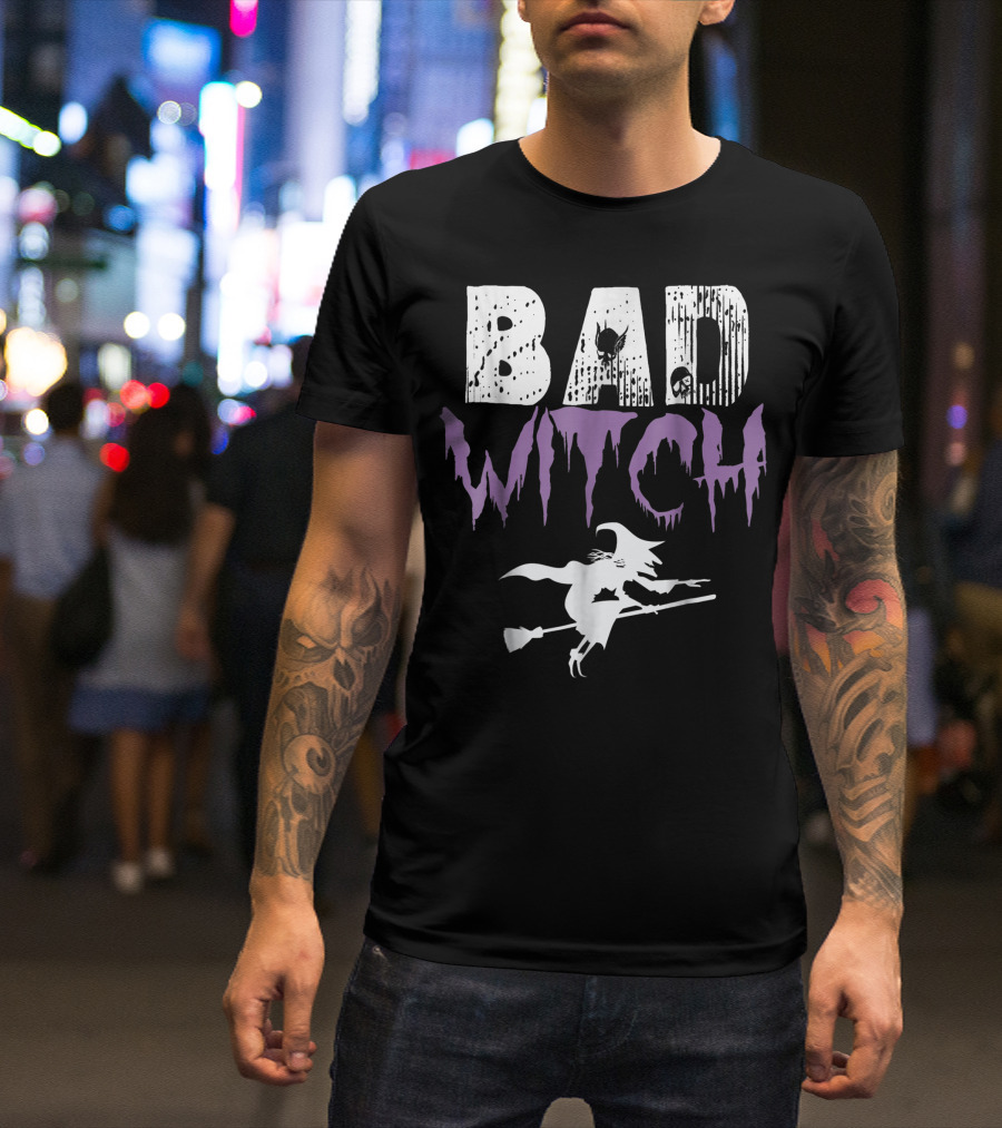 BAD WITCH Flying Broomstick Silhouette Spooky Halloween T-Shirt