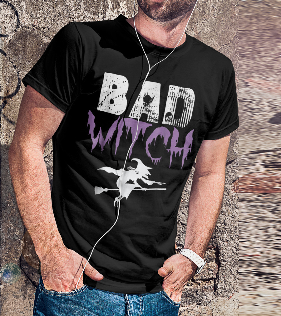 BAD WITCH Flying Broomstick Silhouette Spooky Halloween T-Shirt
