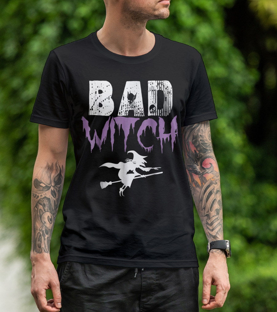 BAD WITCH Flying Broomstick Silhouette Spooky Halloween T-Shirt