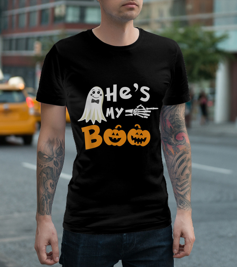 He's My Boo Ghost Skeleton Hand Pumpkin Halloween T-Shirt