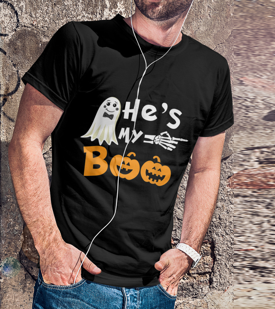 He's My Boo Ghost Skeleton Hand Pumpkin Halloween T-Shirt