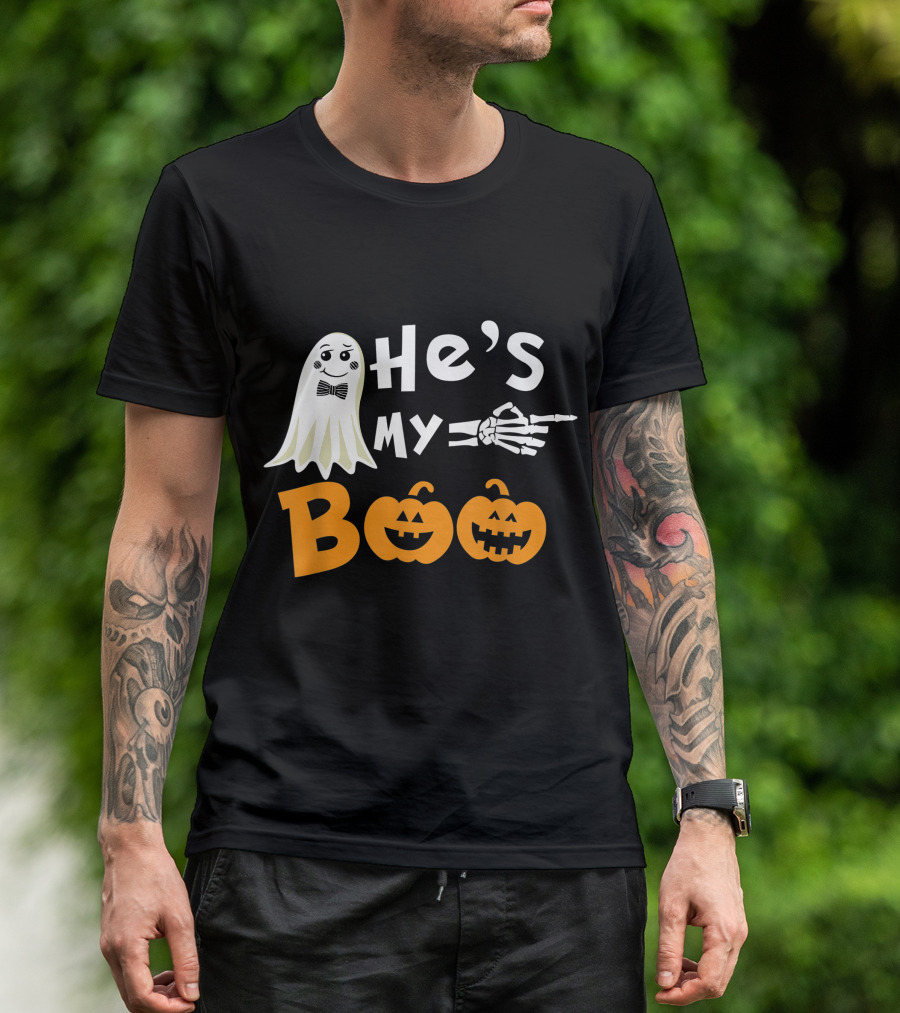He's My Boo Ghost Skeleton Hand Pumpkin Halloween T-Shirt