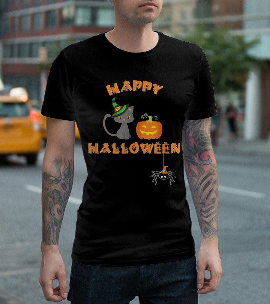 Happy Halloween Cat Pumpkin Spider T-Shirt