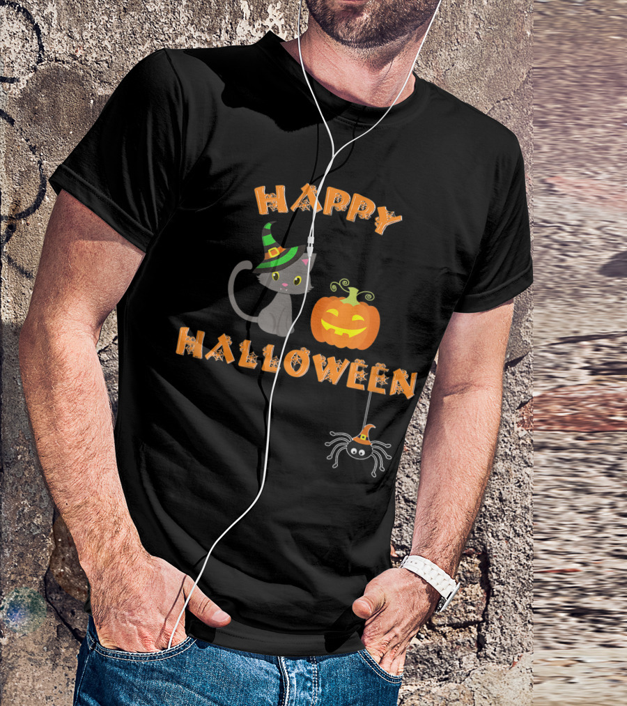 Happy Halloween Cat Pumpkin Spider T-Shirt