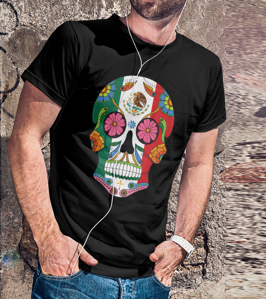 Mexican Flag Sugar Skull Day Of The Dead Halloween T-Shirt