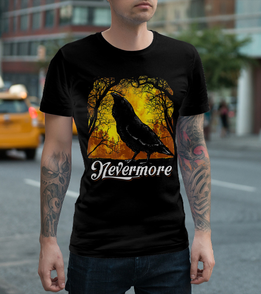 Nevermore Raven In Spooky Forest Setting T-Shirt