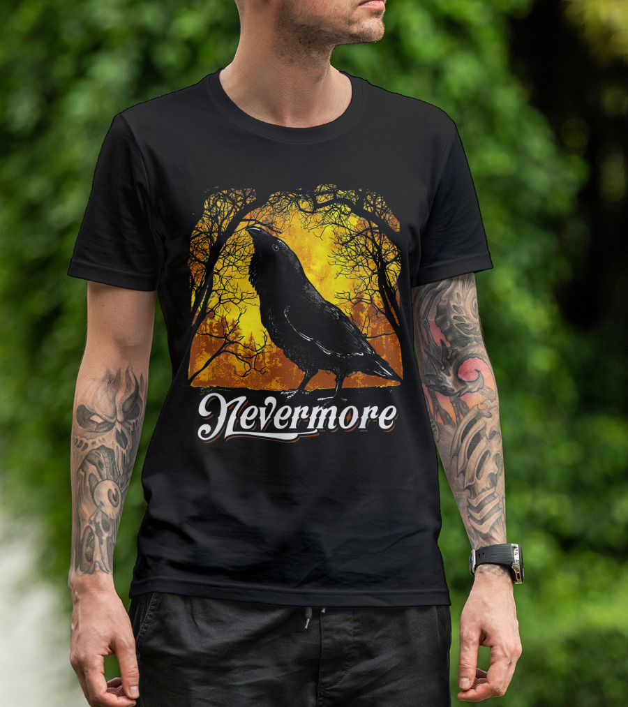 Nevermore Raven In Spooky Forest Setting T-Shirt